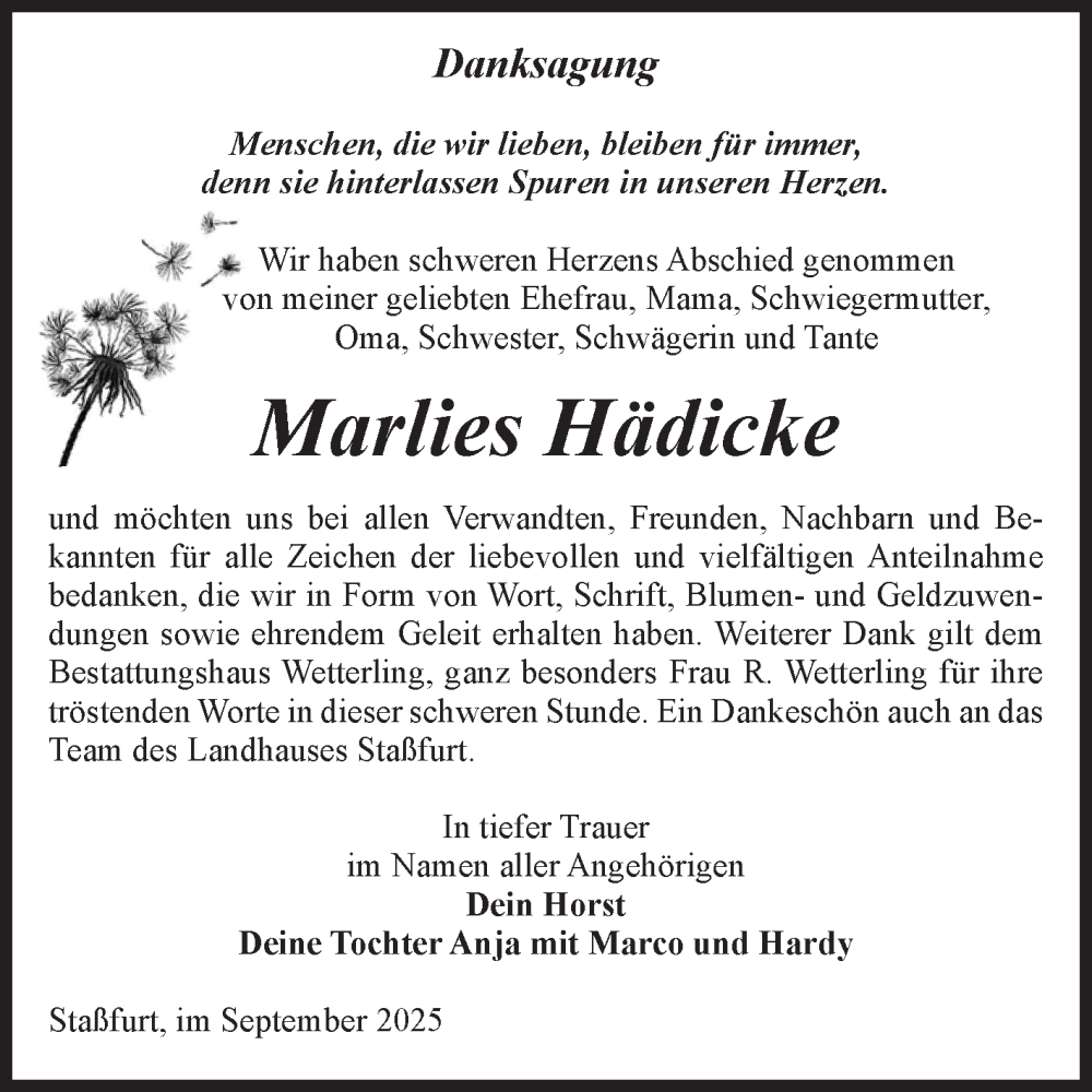  Traueranzeige für Marlies Hädicke vom 06.09.2025 aus Volksstimme Staßfurt
