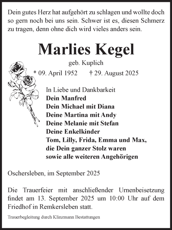 Traueranzeige von Marlies Kegel von Volksstimme Oschersleben/Wanzleben