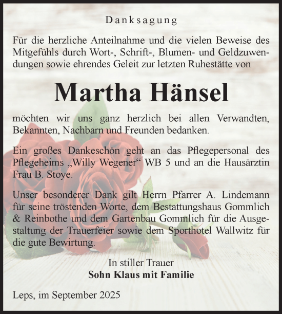 Traueranzeige von Martha Hänsel von Volksstimme Zerbst