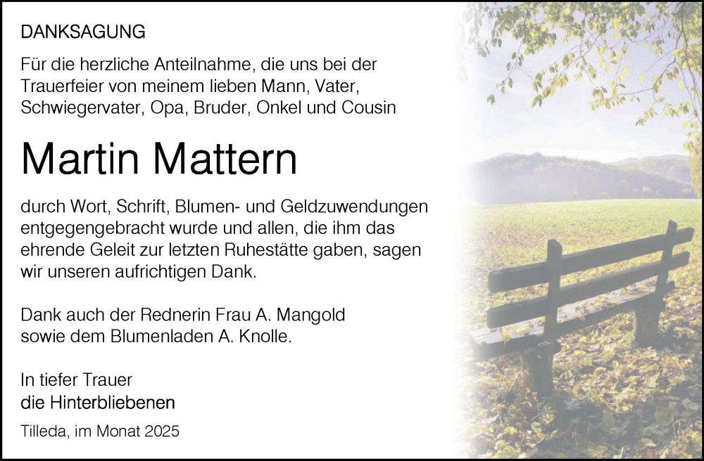  Traueranzeige für Martin Mattern vom 20.09.2025 aus Trauerkombi Sangerhausen