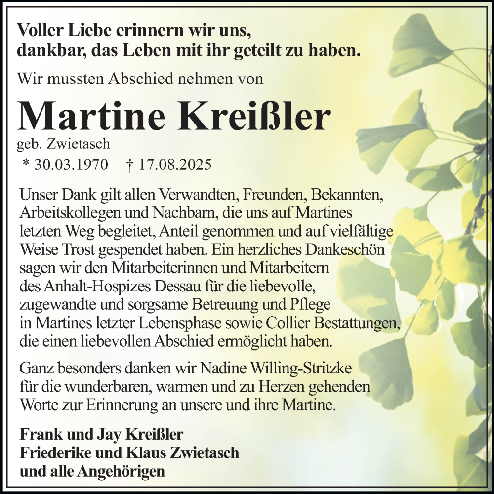  Traueranzeige für Martine Kreißler vom 27.09.2025 aus Trauerkombi Dessau
