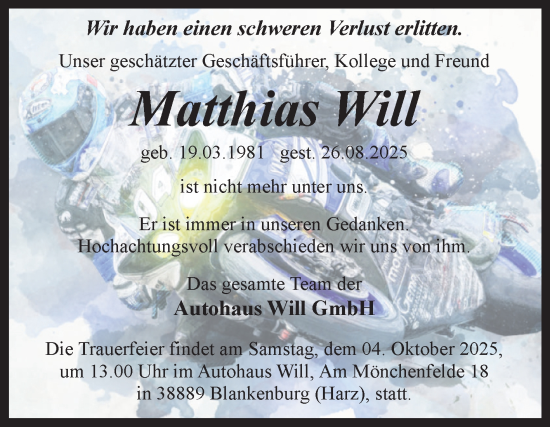 Traueranzeige von Matthias Will von Mitteldeutsche Zeitung Quedlingburg