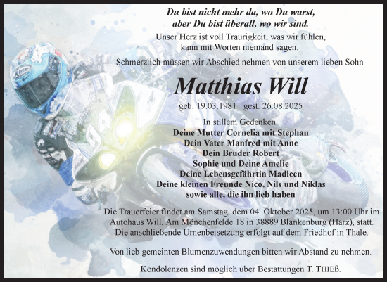 Traueranzeige von Matthias Will von Trauerkombi Quedlinburg