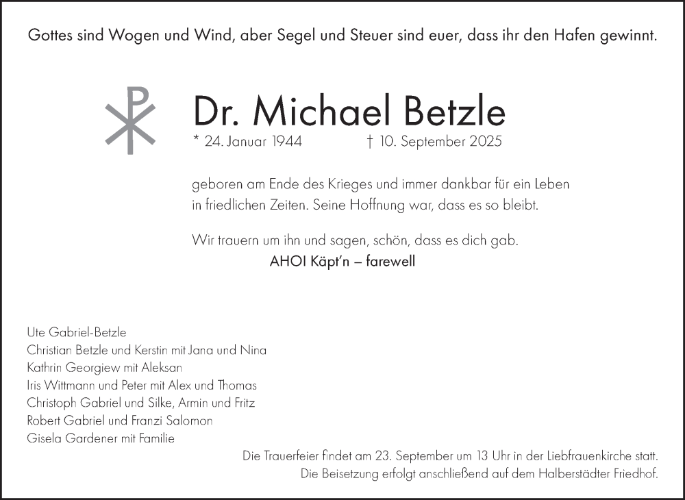  Traueranzeige für Michael Betzle vom 20.09.2025 aus Volksstimme Halberstadt