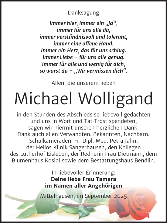 Traueranzeige von Michael Wolligand von Trauerkombi Sangerhausen