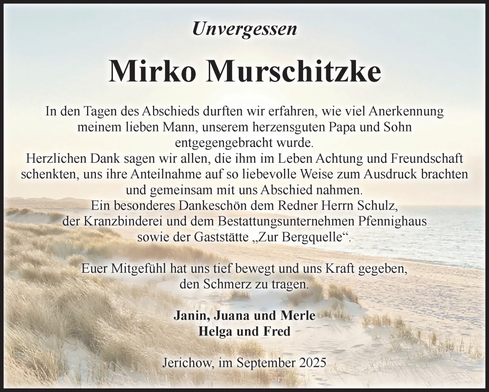  Traueranzeige für Mirko Murschitzke vom 13.09.2025 aus Volksstimme Burg/Genthin