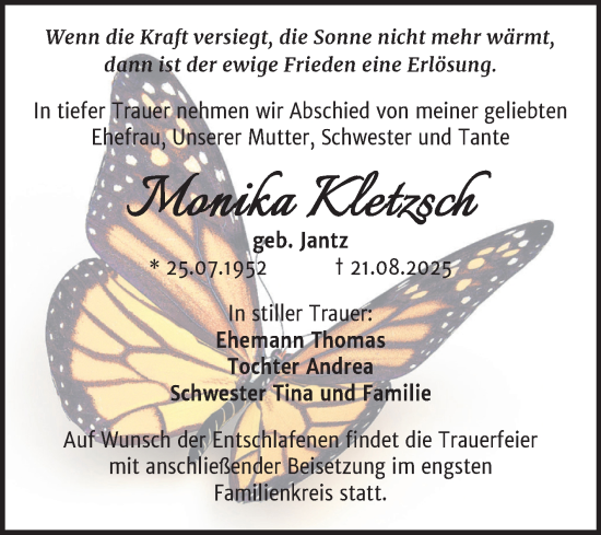 Traueranzeige von Monika Kletzsch von Mitteldeutsche Zeitung Halle/Saalkreis