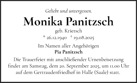 Traueranzeige von Monika Panitzsch von Mitteldeutsche Zeitung Halle/Saalkreis
