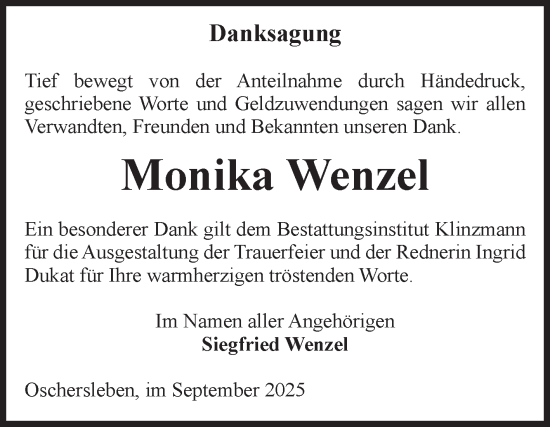 Traueranzeige von Monika Wenzel von Volksstimme Oschersleben/Wanzleben