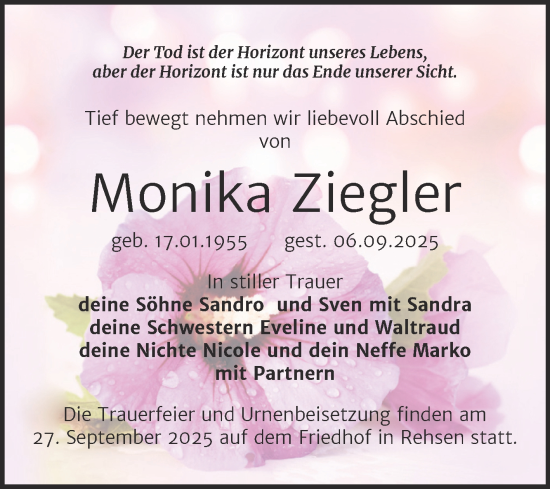 Traueranzeige von Monika Ziegler von Trauerkombi Wittenberg