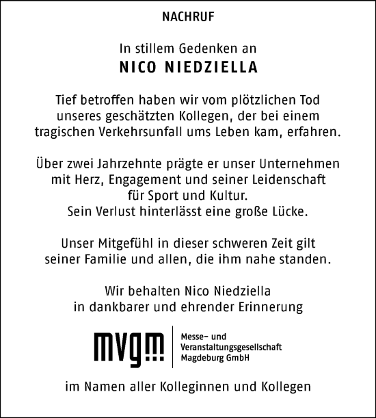 Traueranzeige von Nico Niedziella von Volksstimme Magdeburg