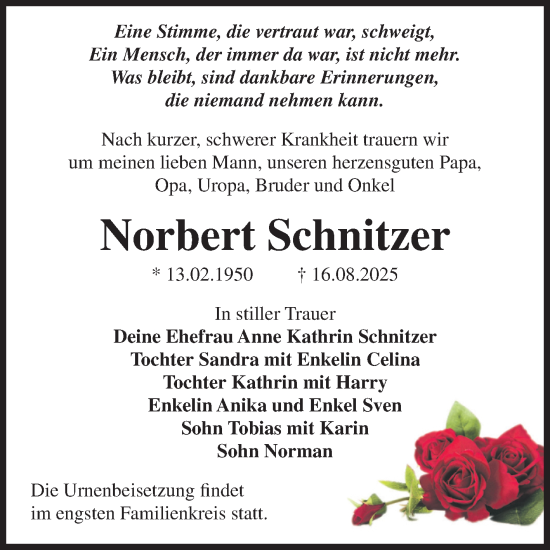 Traueranzeige von Norbert Schnitzer von Trauerkombi Bernburg