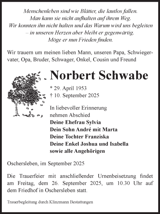 Traueranzeige von Norbert Schwabe von Volksstimme Oschersleben/Wanzleben