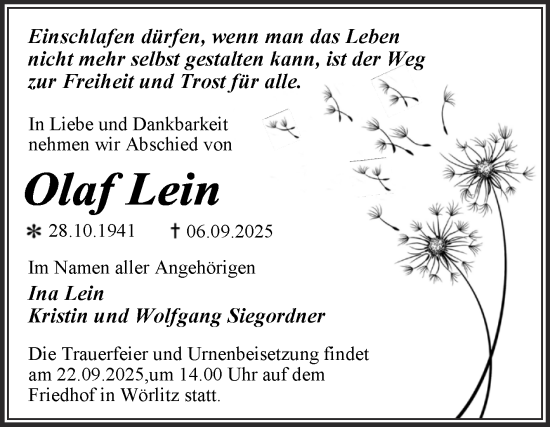 Traueranzeige von Olaf Lein von Trauerkombi Dessau