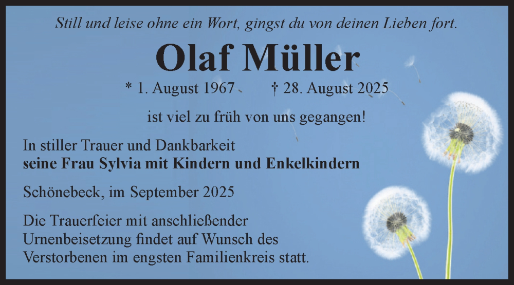  Traueranzeige für Olaf Müller vom 06.09.2025 aus Volksstimme Schönebeck