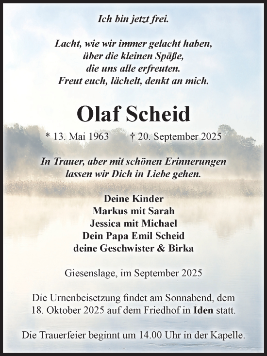 Traueranzeige von Olaf Scheid von Volksstimme Altmark Ost