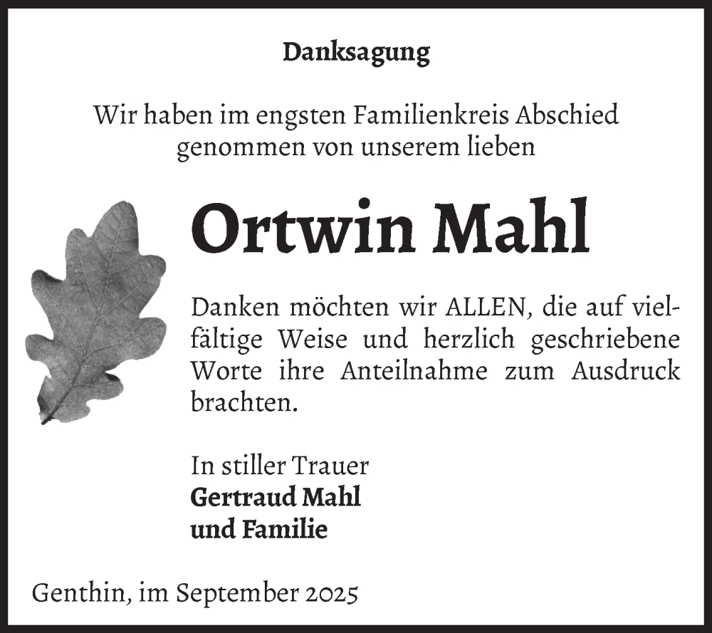  Traueranzeige für Ortwin Mahl vom 20.09.2025 aus Volksstimme Burg/Genthin