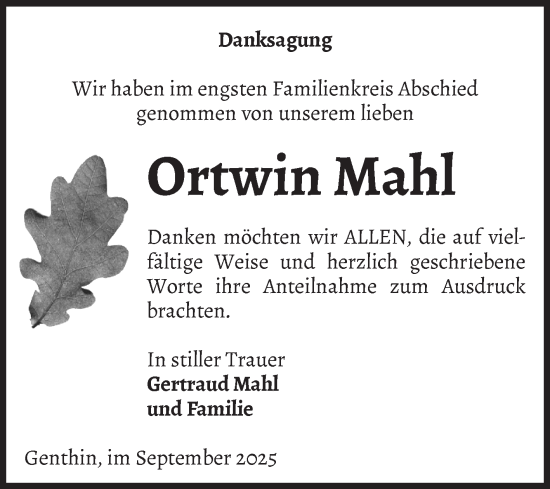 Traueranzeige von Ortwin Mahl von Volksstimme Burg/Genthin