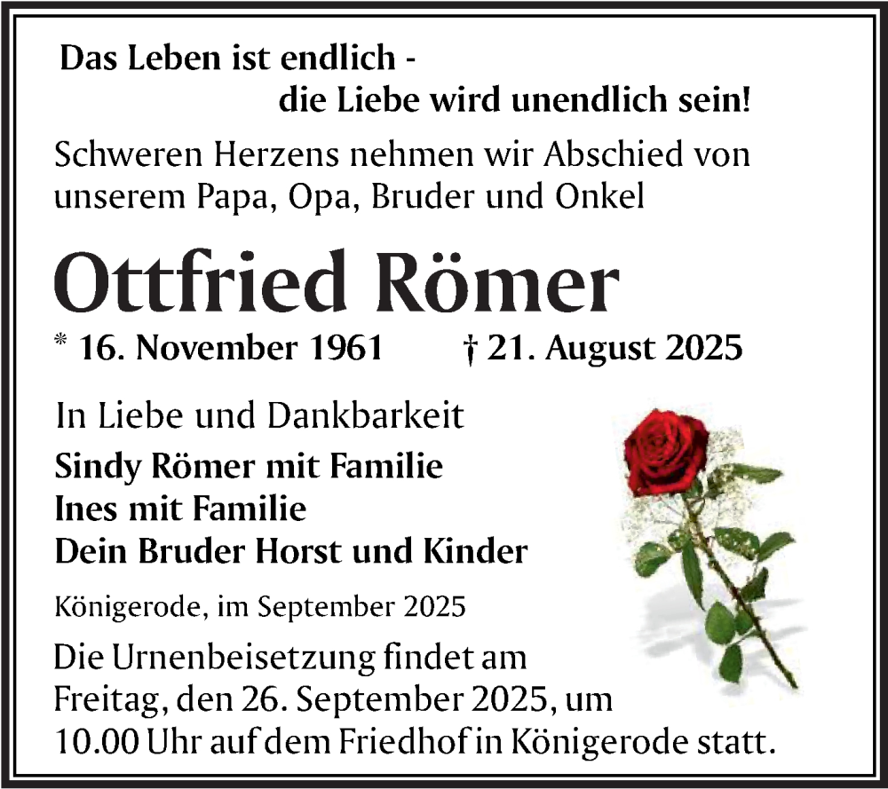  Traueranzeige für Ottfried Römer vom 13.09.2025 aus Trauerkombi Quedlinburg