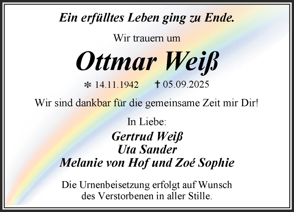  Traueranzeige für Ottmar Weiß vom 13.09.2025 aus Trauerkombi Dessau