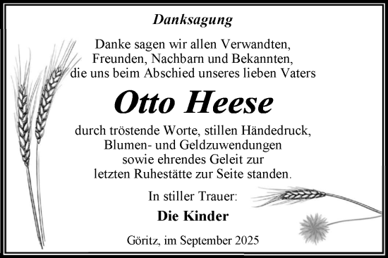 Traueranzeige von Otto Heese von Trauerkombi Wittenberg