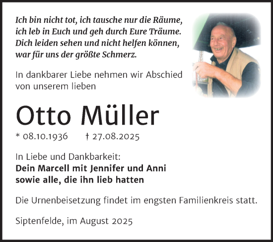 Traueranzeige von Otto Müller von Trauerkombi Quedlinburg