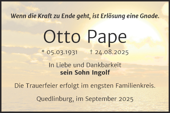 Traueranzeige von Otto Pape von Trauerkombi Quedlinburg