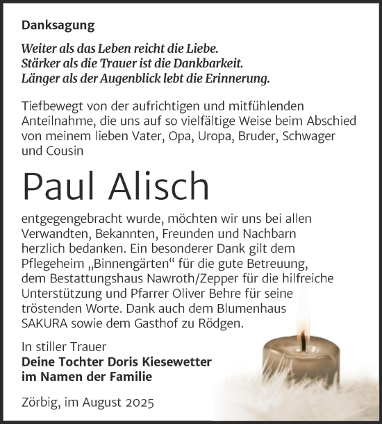 Traueranzeige von Paul Alisch von Trauerkombi Bitterfeld