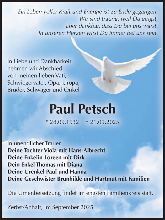 Traueranzeige von Paul Petsch von Volksstimme Zerbst