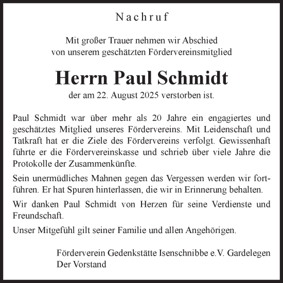 Traueranzeige von Paul Schmidt von Volksstimme Altmark West