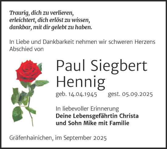 Traueranzeige von Paul Siegbert Hennig von Trauerkombi Wittenberg