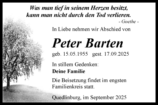 Traueranzeige von Peter Barten von Trauerkombi Quedlinburg
