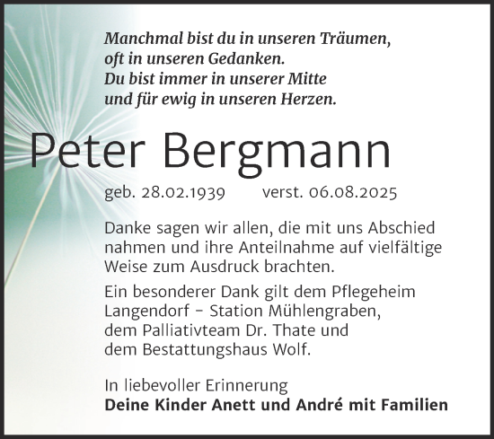 Traueranzeige von Peter Bergmann von Trauerkombi Weißenfels