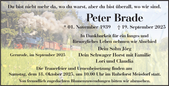 Traueranzeige von Peter Brade von Trauerkombi Quedlinburg