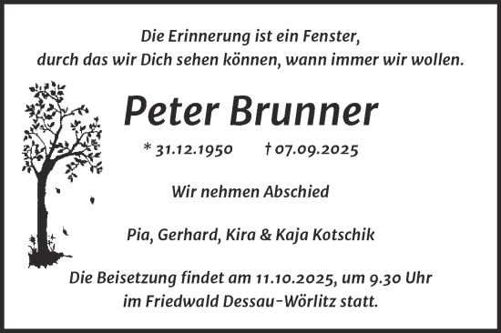 Traueranzeige von Peter Brunner von Trauerkombi Dessau