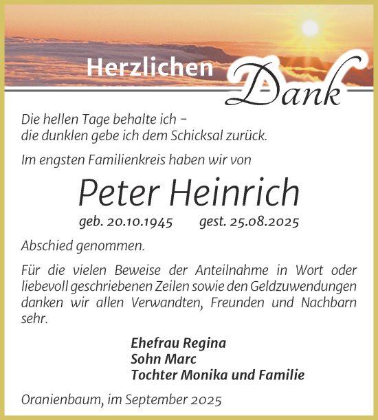 Traueranzeige von Peter Heinrich von Trauerkombi Wittenberg