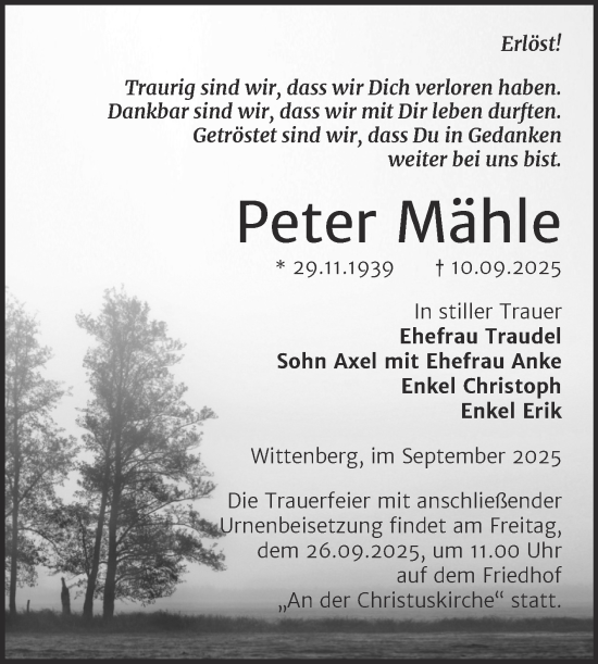 Traueranzeige von Peter Mähle von Trauerkombi Wittenberg