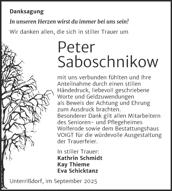 Traueranzeige von Peter Saboschnikow von Trauerkombi Mansfelder Land