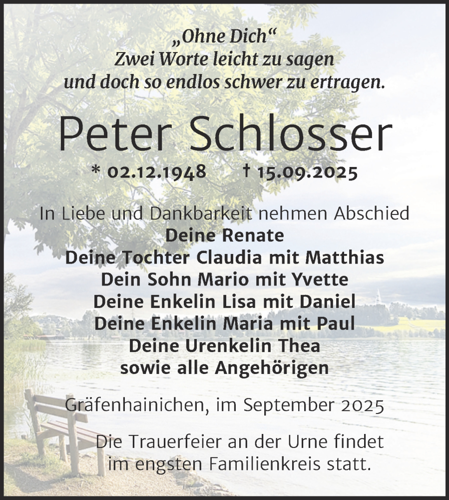  Traueranzeige für Peter Schlosser vom 20.09.2025 aus Trauerkombi Wittenberg