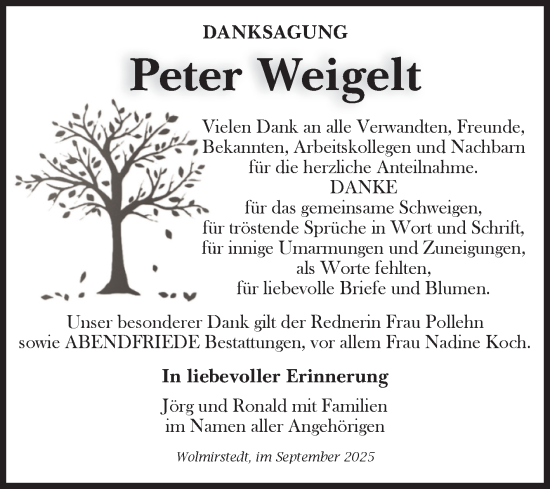 Traueranzeige von Peter Weigelt von Volksstimme Haldensleben/Wolmirstedt