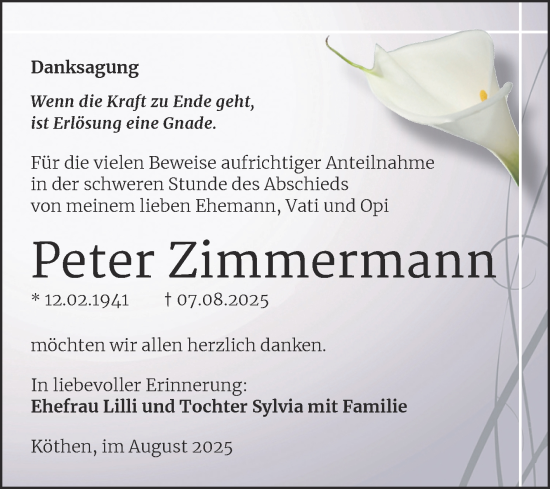 Traueranzeige von Peter Zimmermann von Trauerkombi Köthen