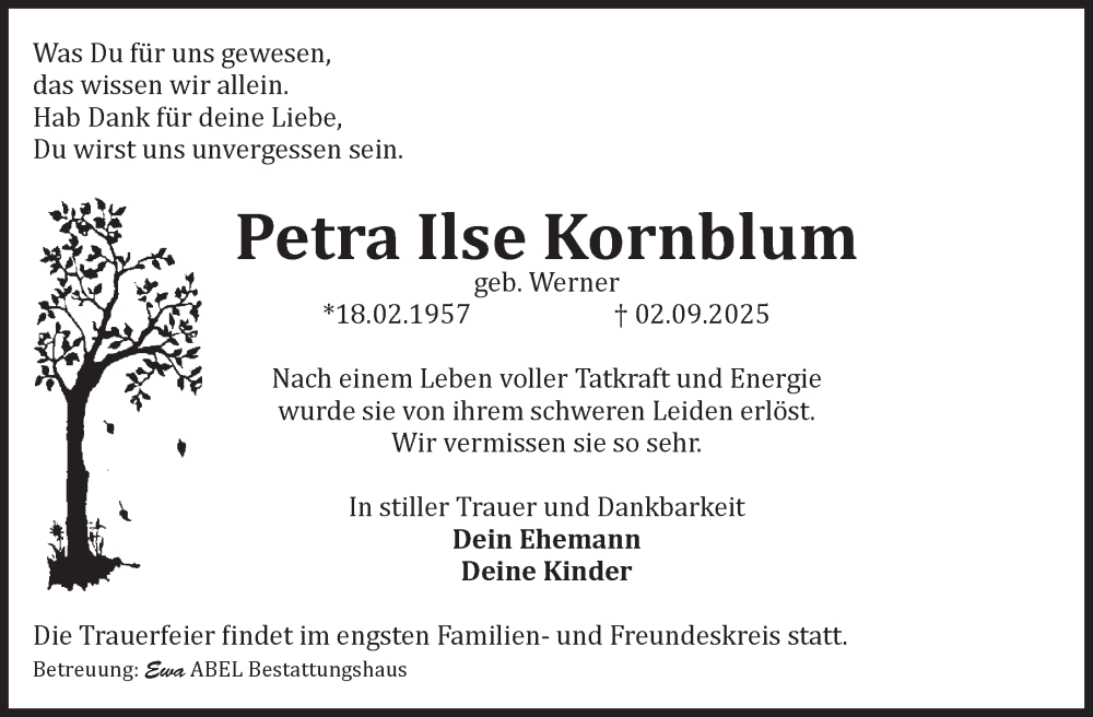  Traueranzeige für Petra Ilse Kornblum vom 13.09.2025 aus Volksstimme Magdeburg