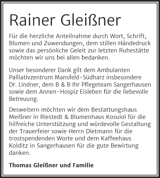Traueranzeige von Rainer Gleißner von Trauerkombi Sangerhausen