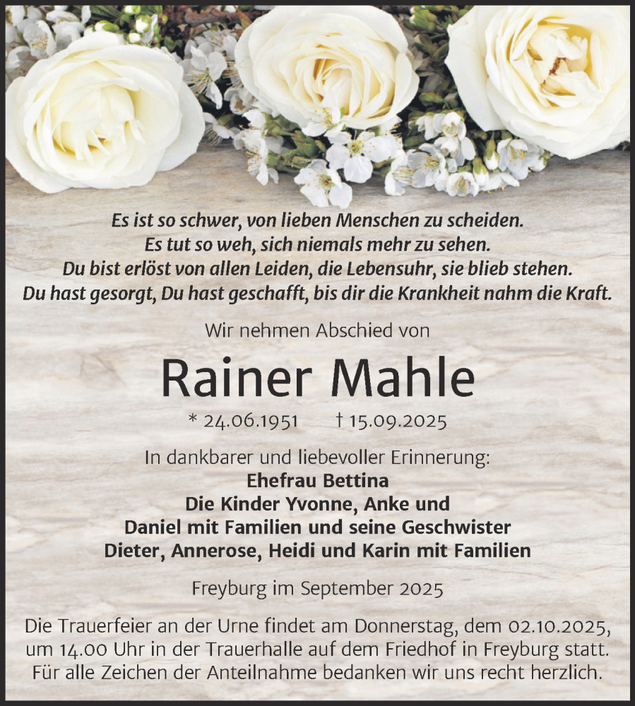  Traueranzeige für Rainer Mahle vom 27.09.2025 aus Super Sonntag Naumburg/Nebra