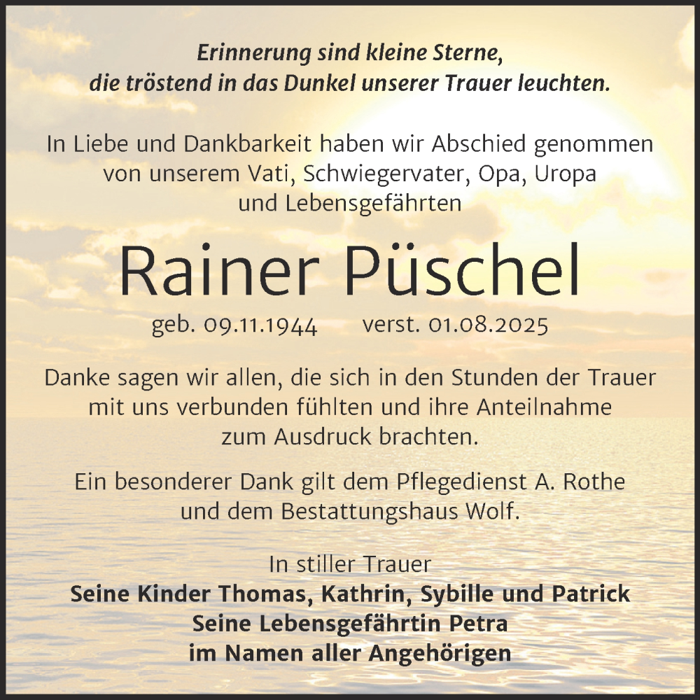  Traueranzeige für Rainer Püschel vom 13.09.2025 aus Trauerkombi Weißenfels