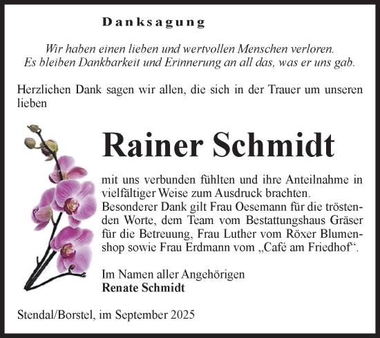 Traueranzeige von Rainer Schmidt von Volksstimme Altmark Ost