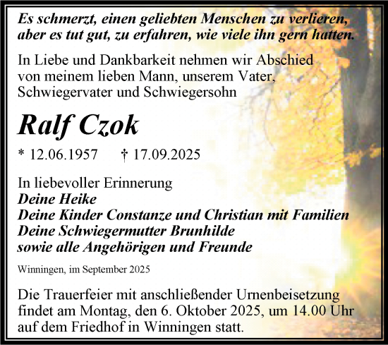 Traueranzeige von Ralf Czok von Trauerkombi Aschersleben