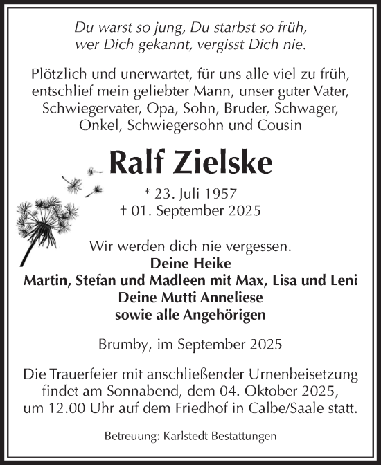 Traueranzeige von Ralf Zielske von Volksstimme Schönebeck