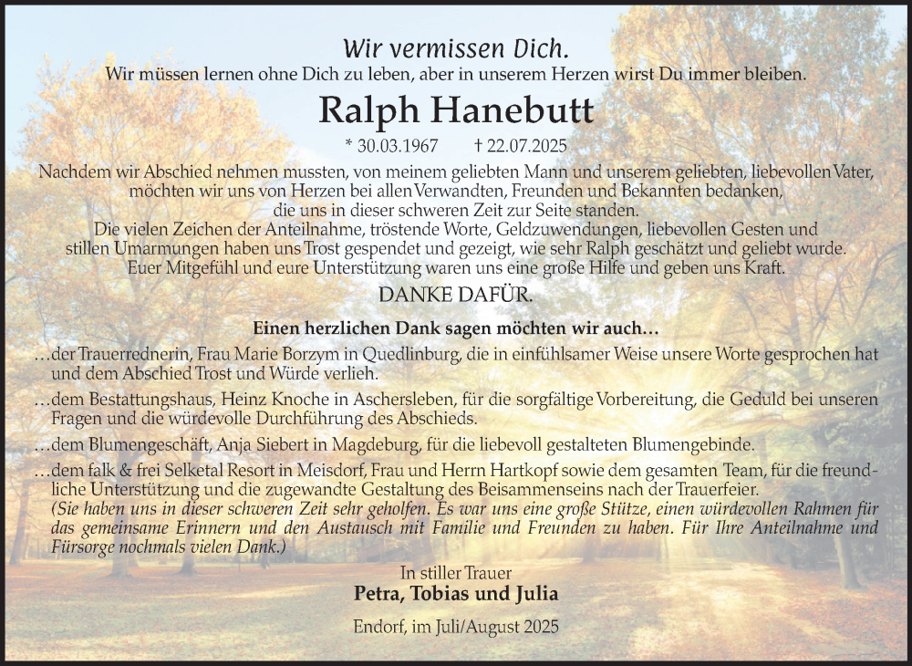  Traueranzeige für Ralph Hanebutt vom 06.09.2025 aus Super Sonntag Quedlingburg