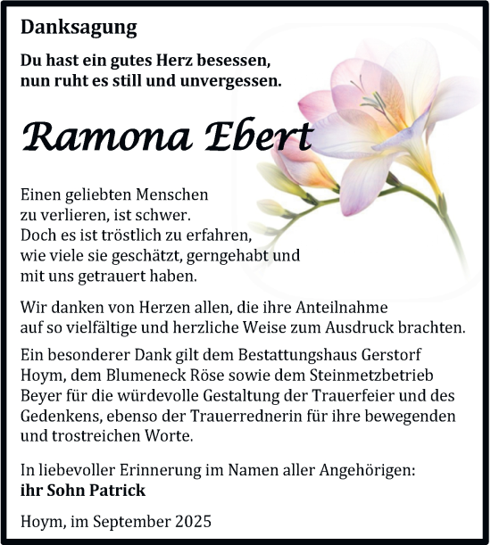 Traueranzeige von Ramona Ebert von Trauerkombi Aschersleben